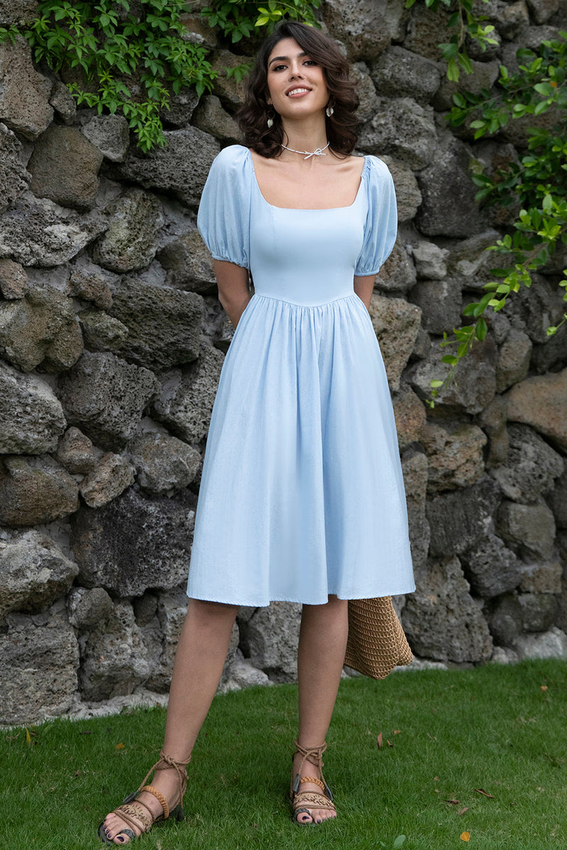 Load image into Gallery viewer, Square Neck Blue Summer Dress