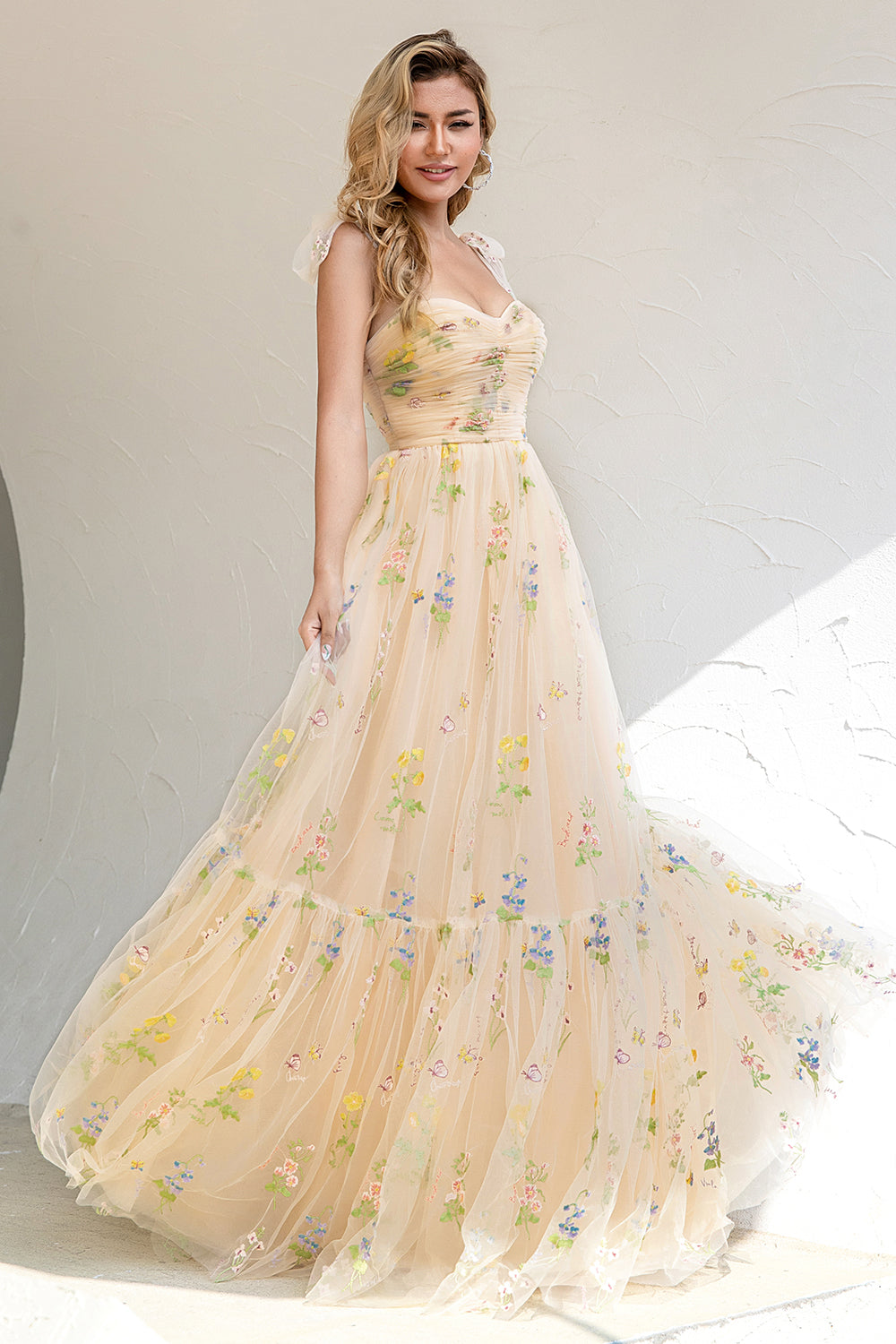 A Line Spaghetti Straps Champagne Formal Dress with Embroidery