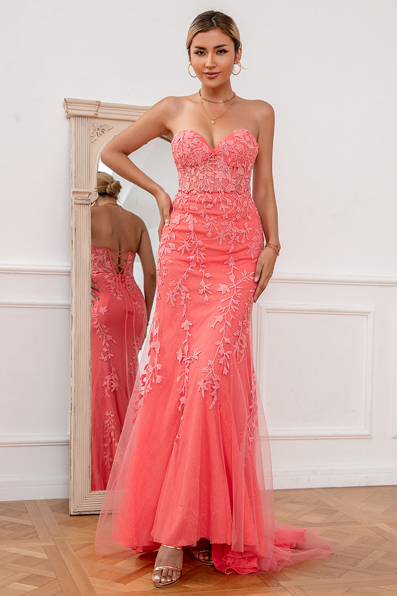 Coral Applique Tulle Formal Dress