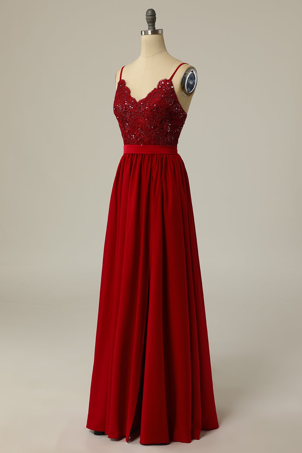 Burgundy Long Formal Dress with Beading Lace