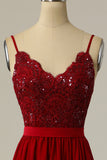 Burgundy Long Formal Dress with Beading Lace