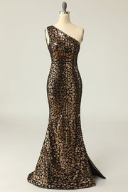 Mermaid One Shouler Dark Gold Sequins Formal Dress