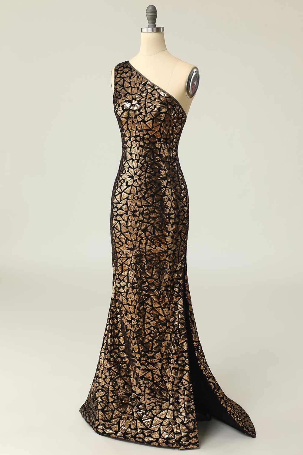Mermaid One Shouler Dark Gold Sequins Formal Dress