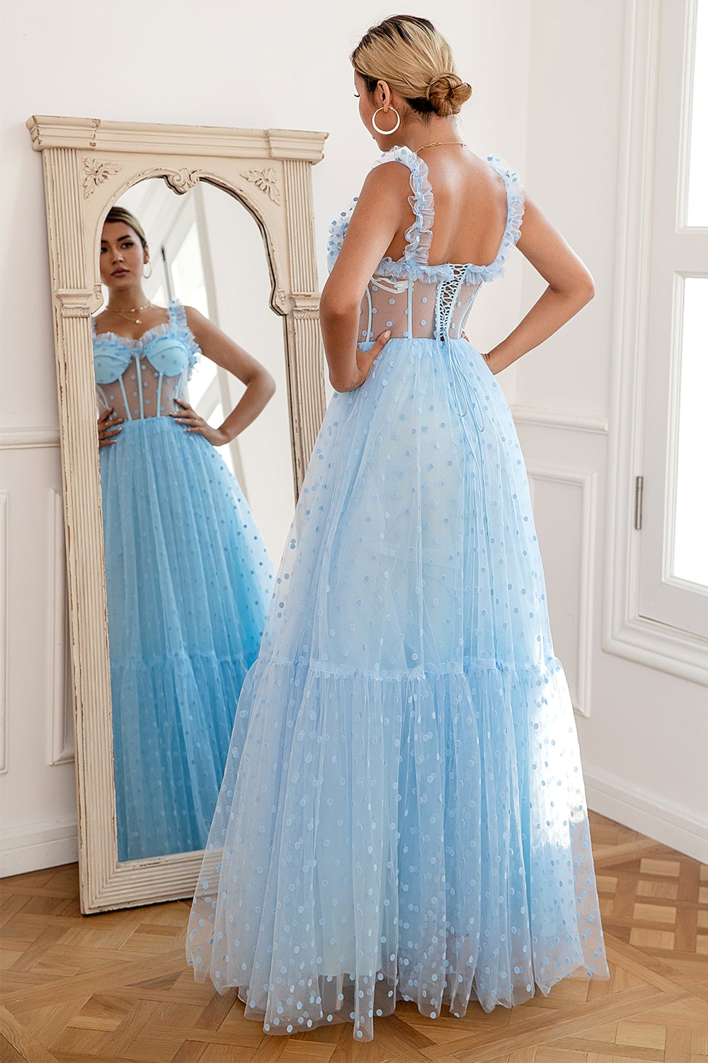 Sky Blue Polka Dots Tulle Formal Dress