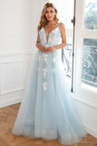 Light Blue Appliques Tulle Formal Dress