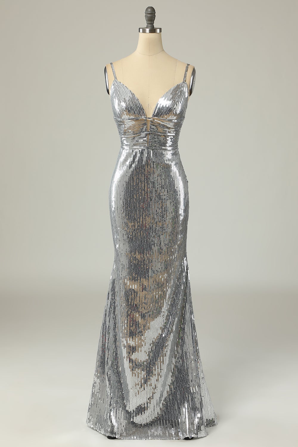 Mermaid Spaghetti Straps Silver Sequins Long Formal Dress Backless
