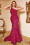 Mermaid One Shoulder Fuchsia Sequins Plus Size Formal Dress with Sweep Train