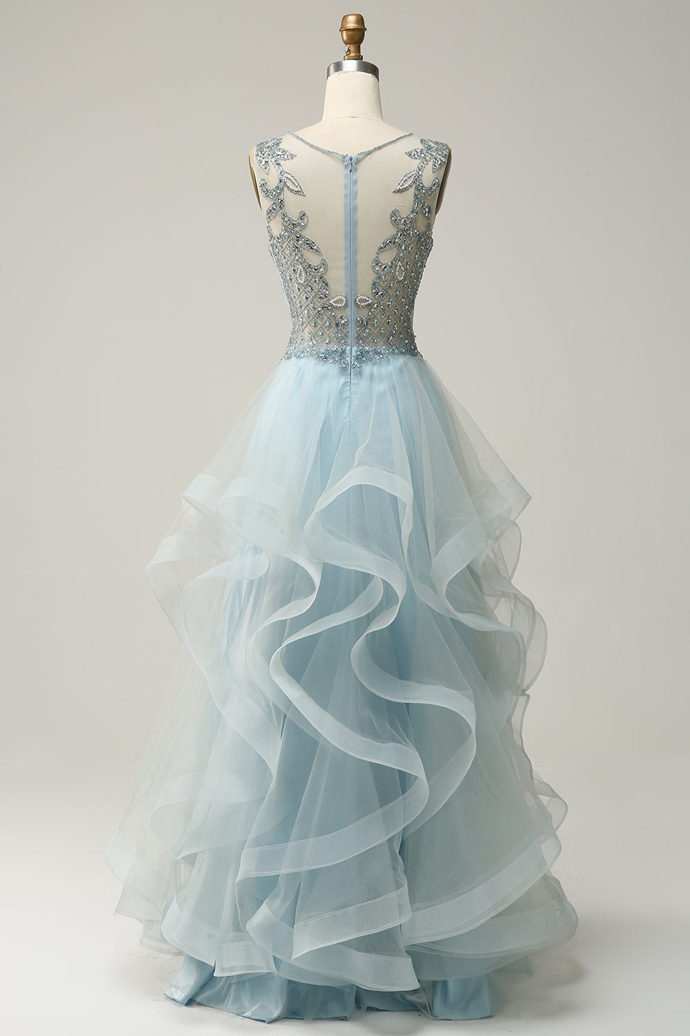 A Line Deep V Neck Light Blue Long Beaded Formal Dress with Appliques