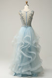 A Line Deep V Neck Light Blue Long Beaded Formal Dress with Appliques