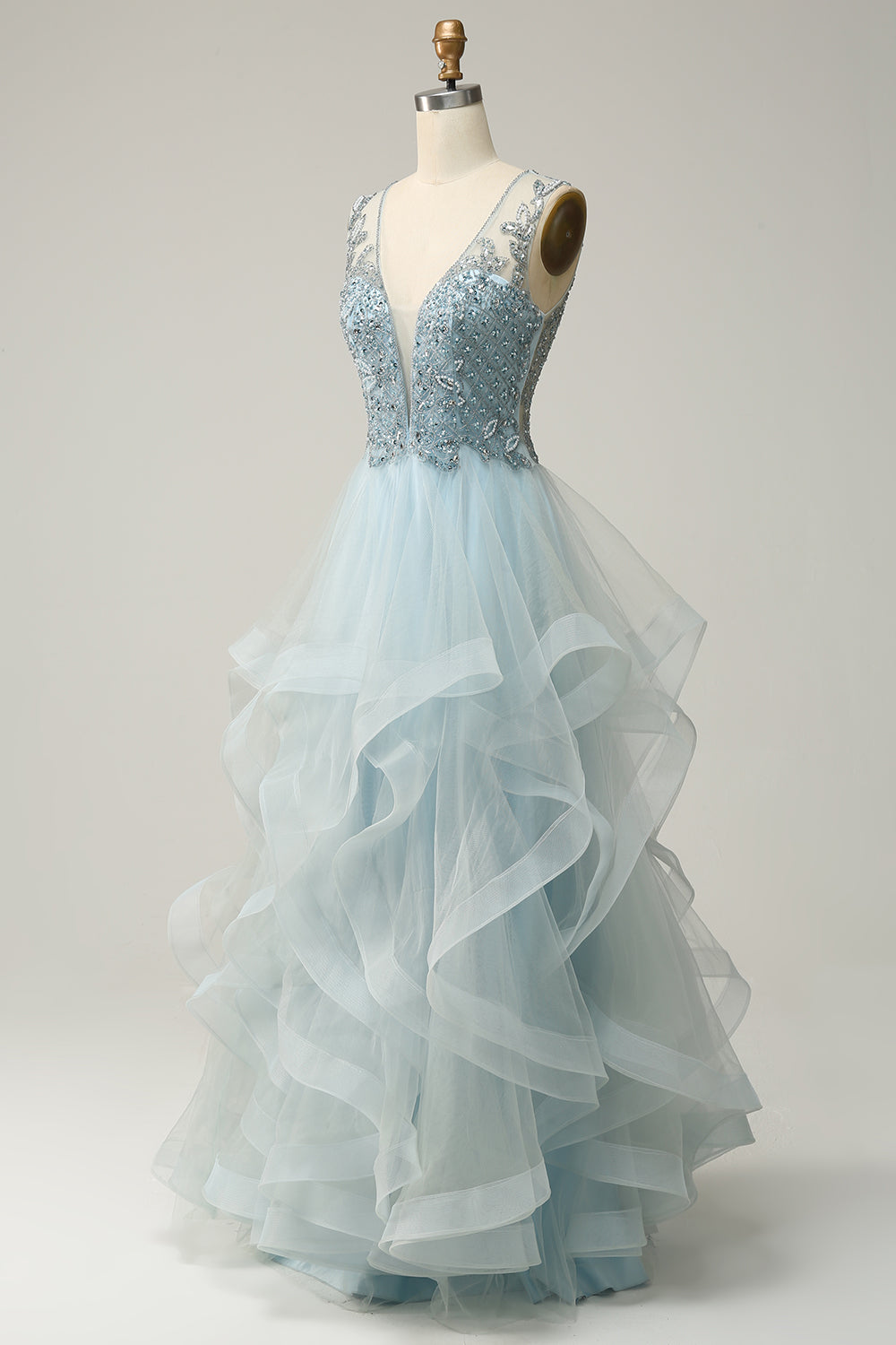 A Line Deep V Neck Light Blue Long Beaded Formal Dress with Appliques