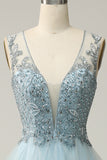 A Line Deep V Neck Light Blue Long Beaded Formal Dress with Appliques