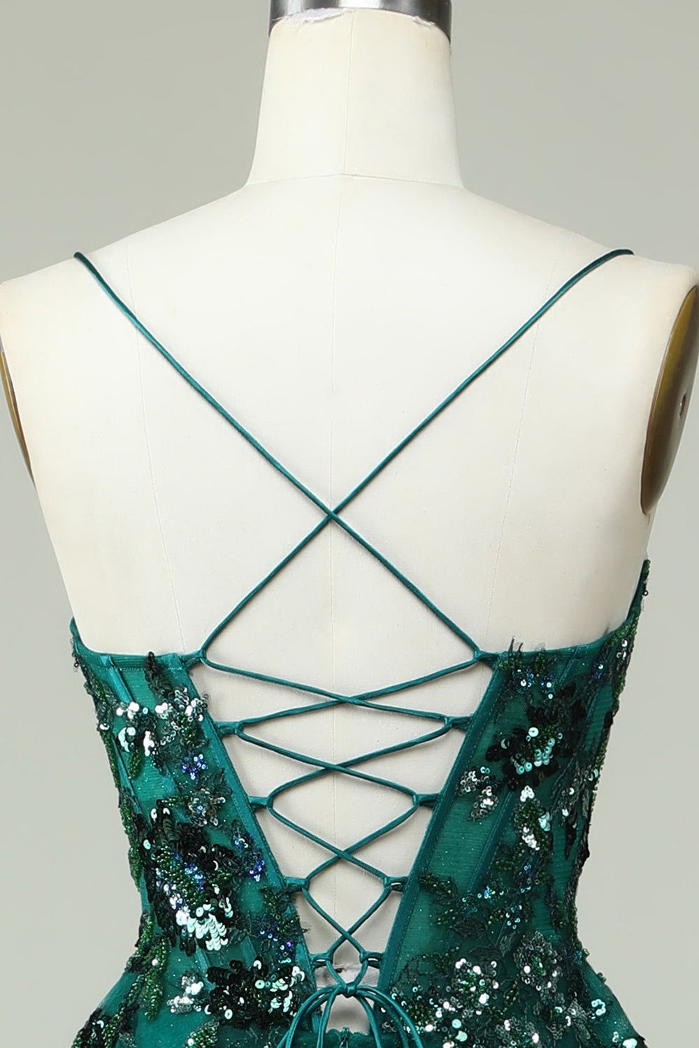 A Line Spaghetti Straps Dark Green Corset Formal Dress with Appliques