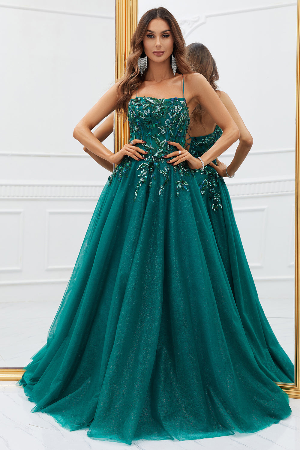 Sparkly Dark Green Tulle Long Formal Dress with Appliques