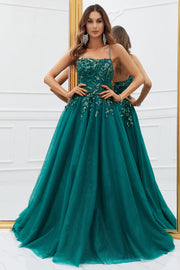 Sparkly Dark Green Tulle Long Formal Dress with Appliques