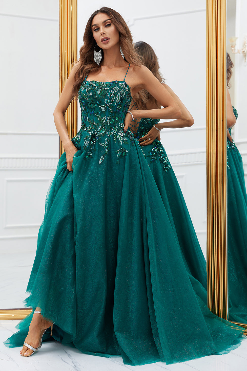 Sparkly Dark Green Tulle Long Formal Dress with Appliques