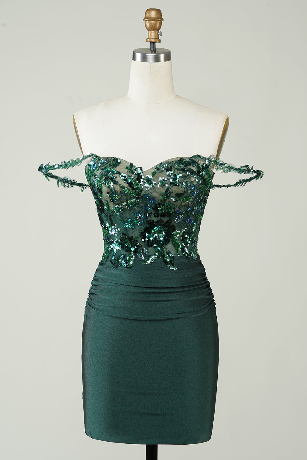 Unique Sheath Off the Shoulder Dark Green Short Formal Dress with Appliques