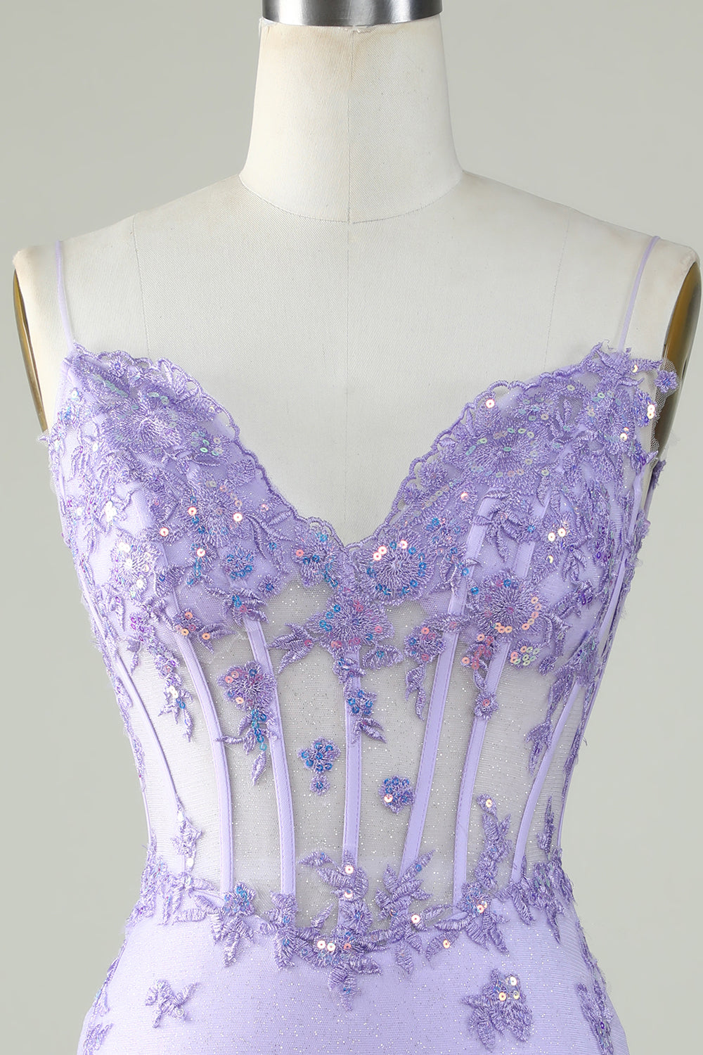 Bodycon Spaghetti Straps Purple Corset Short Formal Dress with Appliques