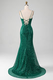 Sparkly Dark Green Beaded Sequins Long Formal Dress with Slit