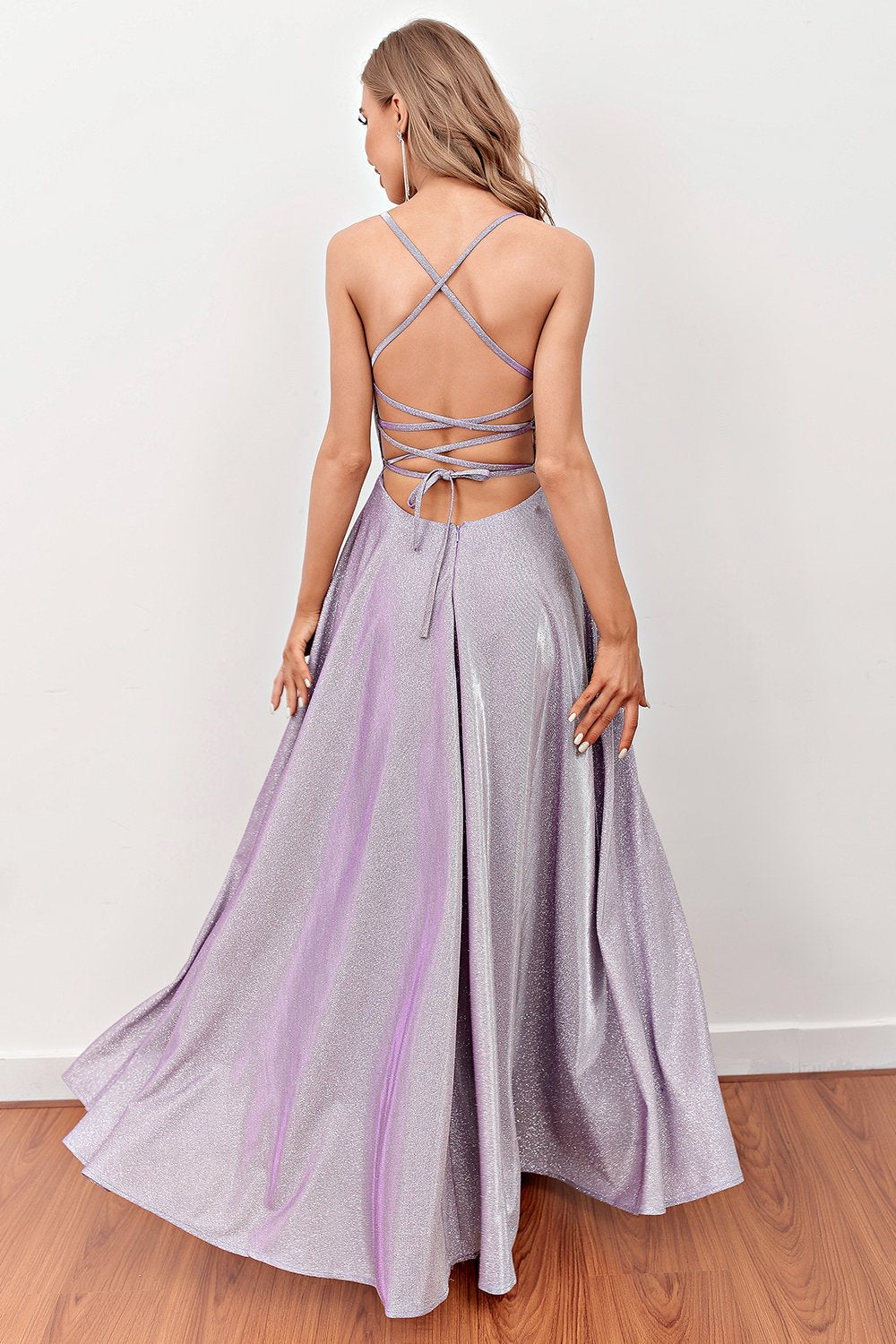 Lilac Deep V Neck Long Formal Dress with Cross Straps