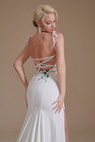 White Mermaid Backless Sweep Train Wedding Dress with Appliques