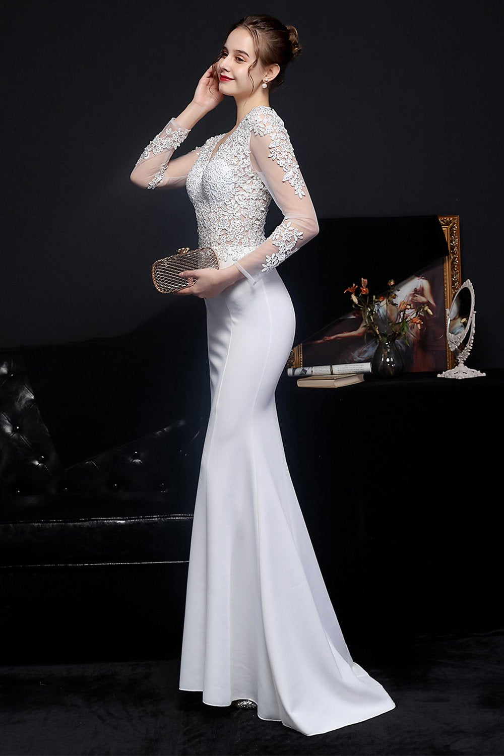 White Applique Prom Dress