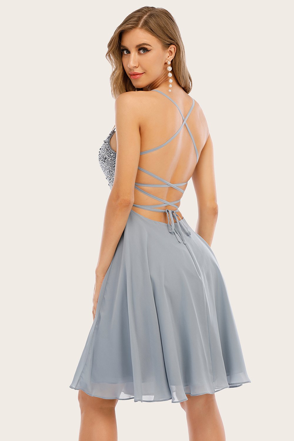 Grey Beaded Short Graduation Dress
