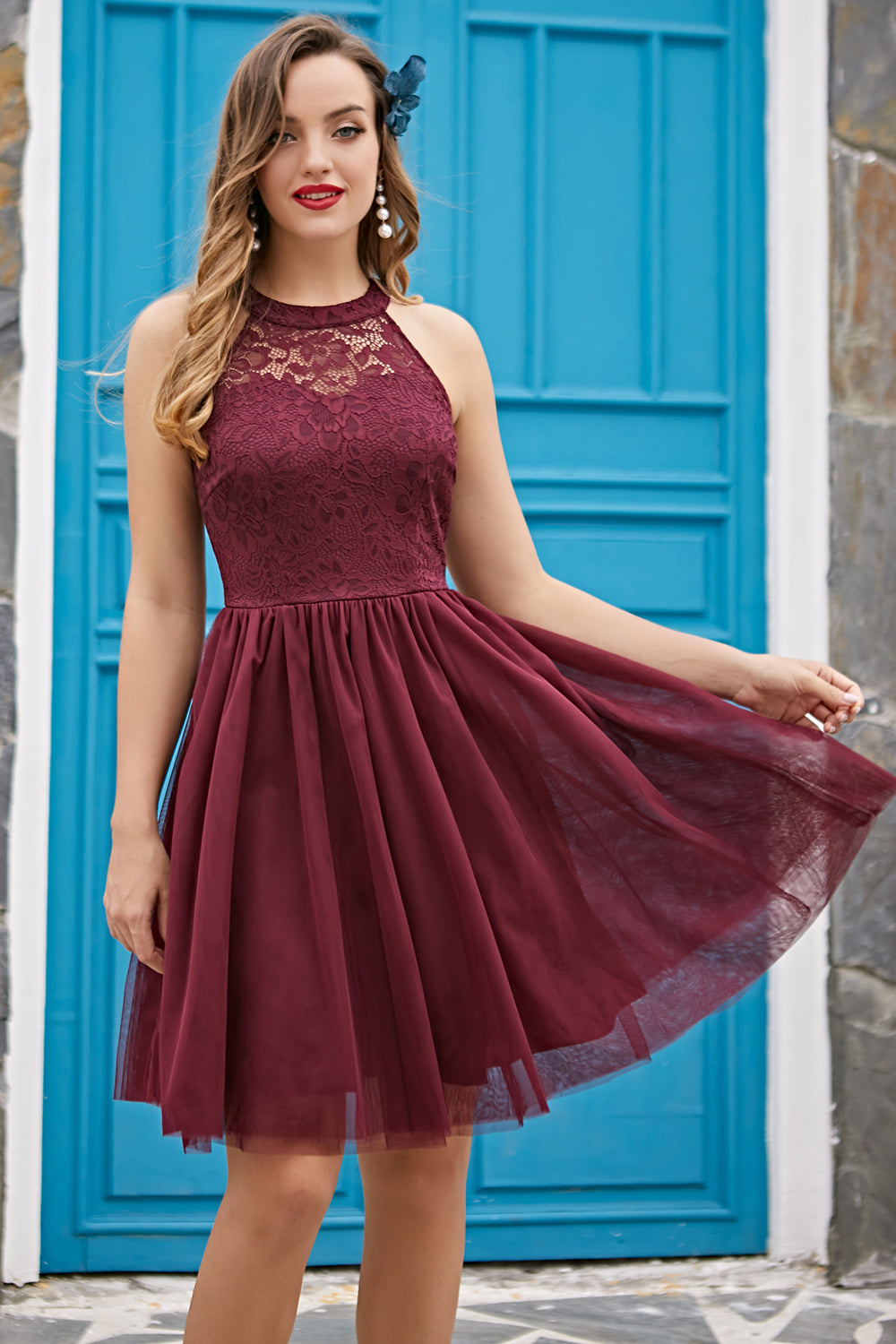 Solid Halter Lace Dress