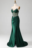 Dark Green Strapless Corset Mermaid Pleated Formal Dress