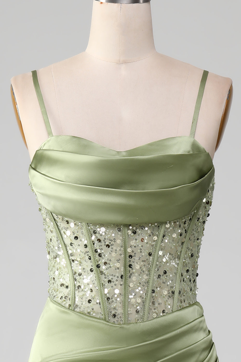 Sage Green Spaghetti Straps Satin Pleated Mermaid Corset Formal Dress