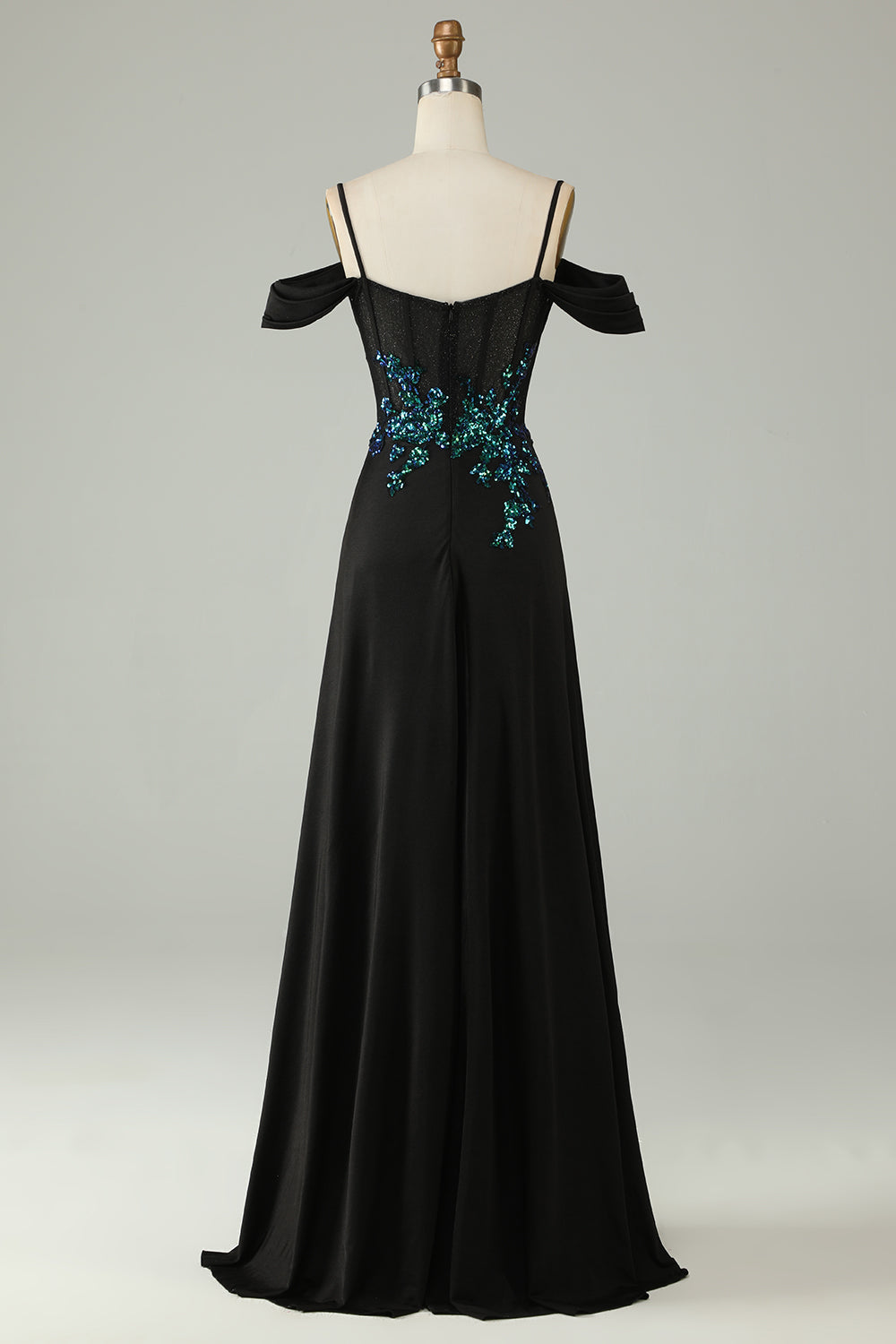 Cold Shoulder Black Sequins Corset Long Formal Dress