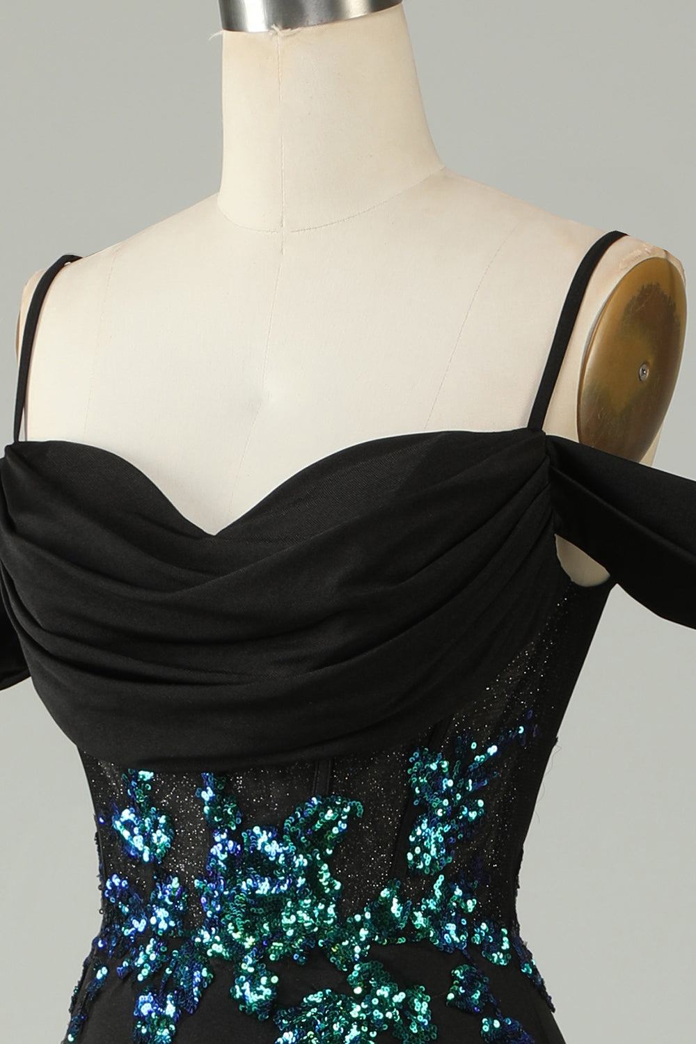 Cold Shoulder Black Sequins Corset Long Formal Dress