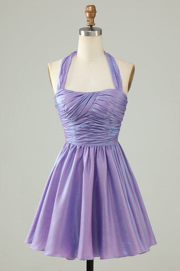 Purple Halter Open Back Sleeveless A Line Short Formal Dress