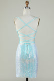Bling Sheath Spaghetti Straps Light Blue Sequins Short Formal Dress with Criss Cross Back