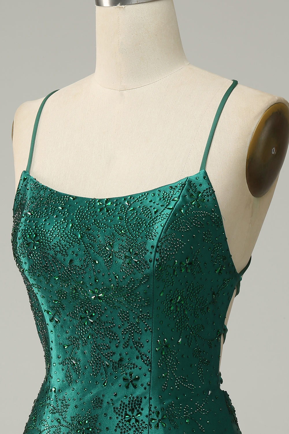 Dark Green Beaded Bodycon Formal Dress With Criss Cross Back