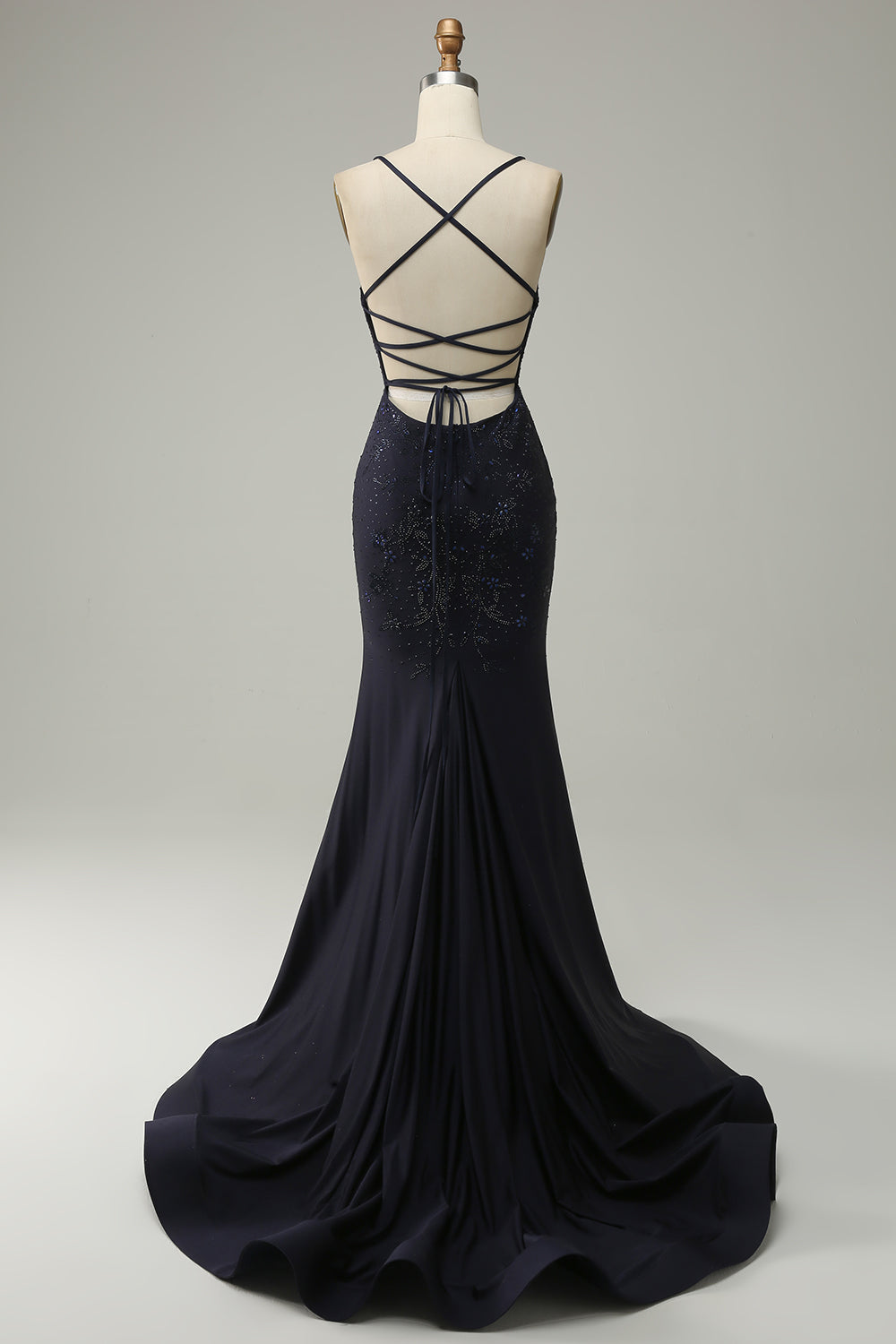 Navy Spaghetti Straps Beaded Formal Dress with Slit