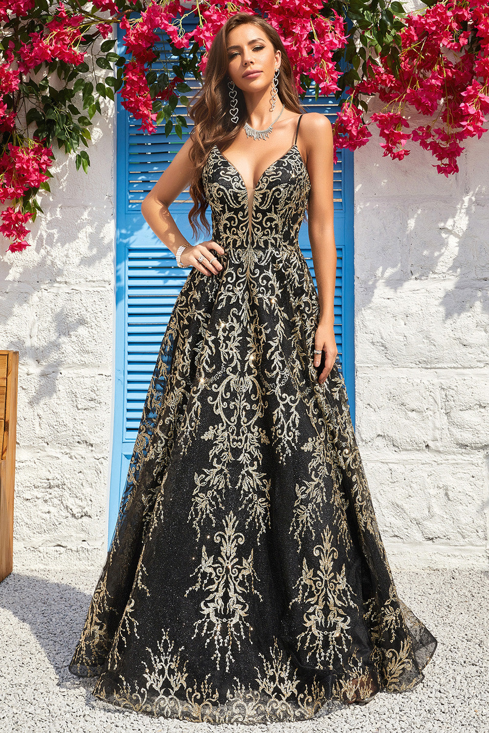 A Line Spaghetti Straps Black Golden Long Formal Dress with Bronzing