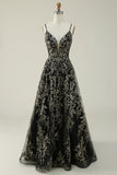 Black Golden Spaghetti Straps Long Formal Dress