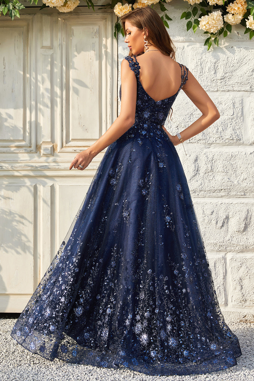 A Line Off the Shoulder Navy Long Formal Dress with Appliques