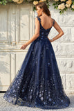 A Line Off the Shoulder Navy Long Formal Dress with Appliques