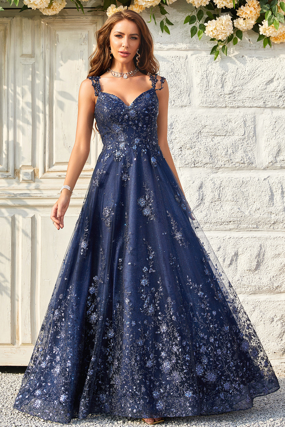 A Line Off the Shoulder Navy Long Formal Dress with Appliques
