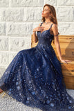 A Line Off the Shoulder Navy Long Formal Dress with Appliques