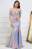 Sparkly Mermaid Off The Shoulder Purple Long Formal Dress with Slit