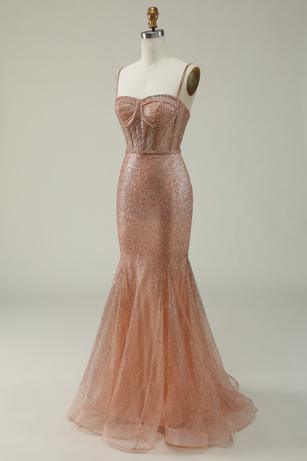 Mermaid Spaghetti Straps Blush Sequins Long Formal Dress