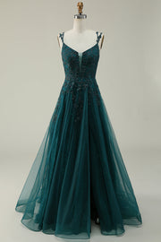A Line Spaghetti Straps Dark Green Long Formal Dress with Appliques