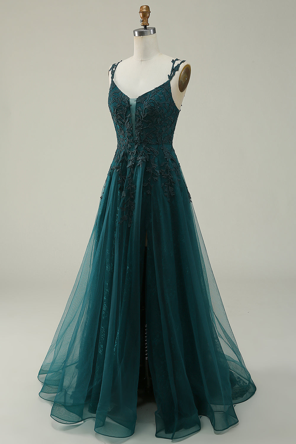 A Line Spaghetti Straps Dark Green Long Formal Dress with Appliques