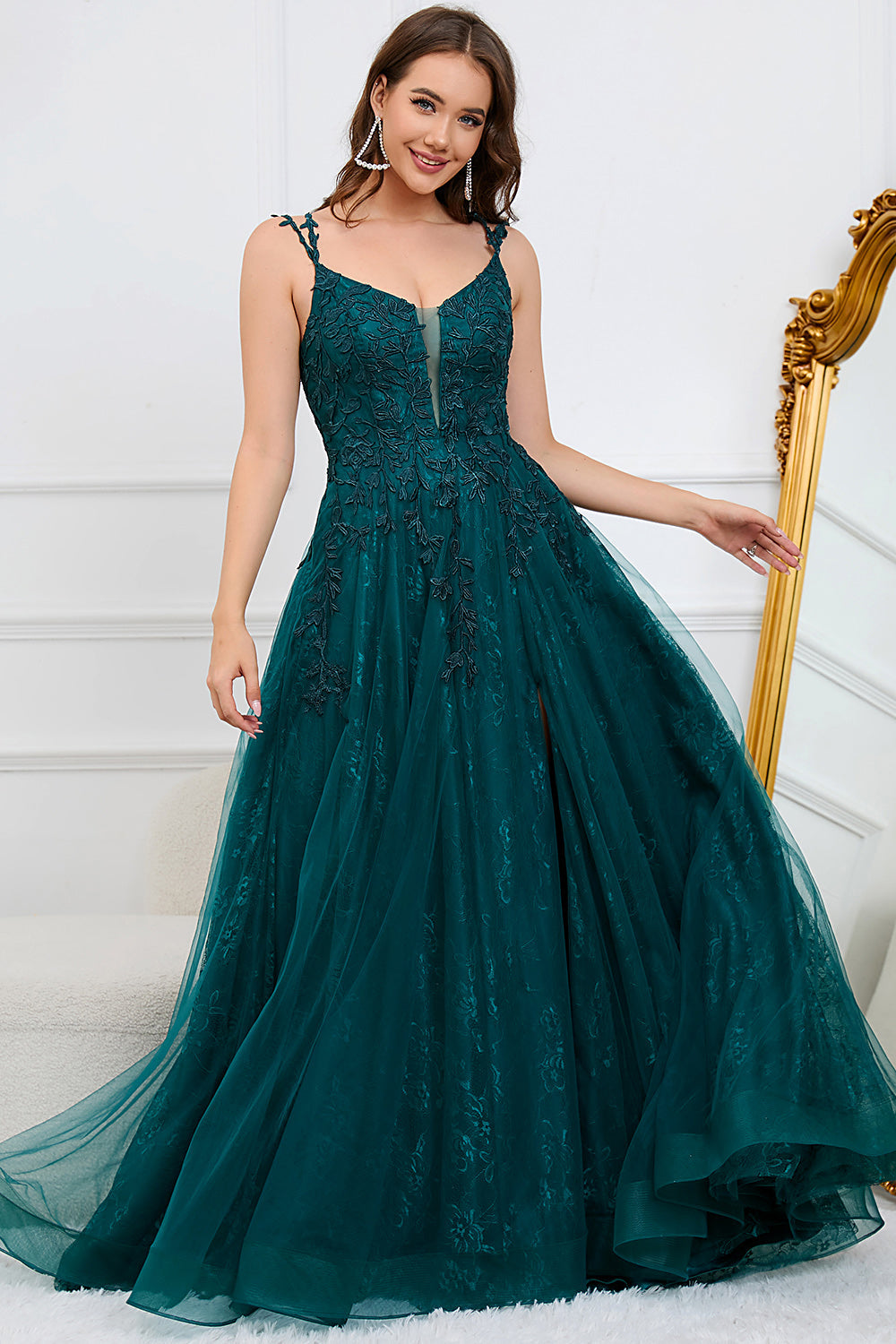 A Line Spaghetti Straps Dark Green Long Formal Dress with Appliques