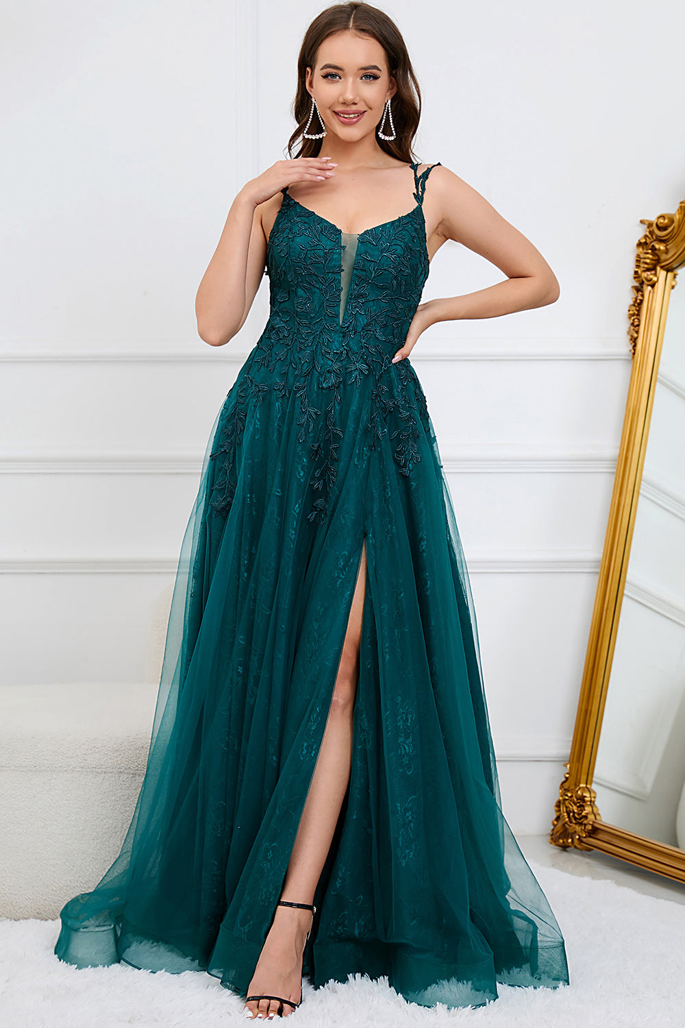 A Line Spaghetti Straps Dark Green Long Formal Dress with Appliques