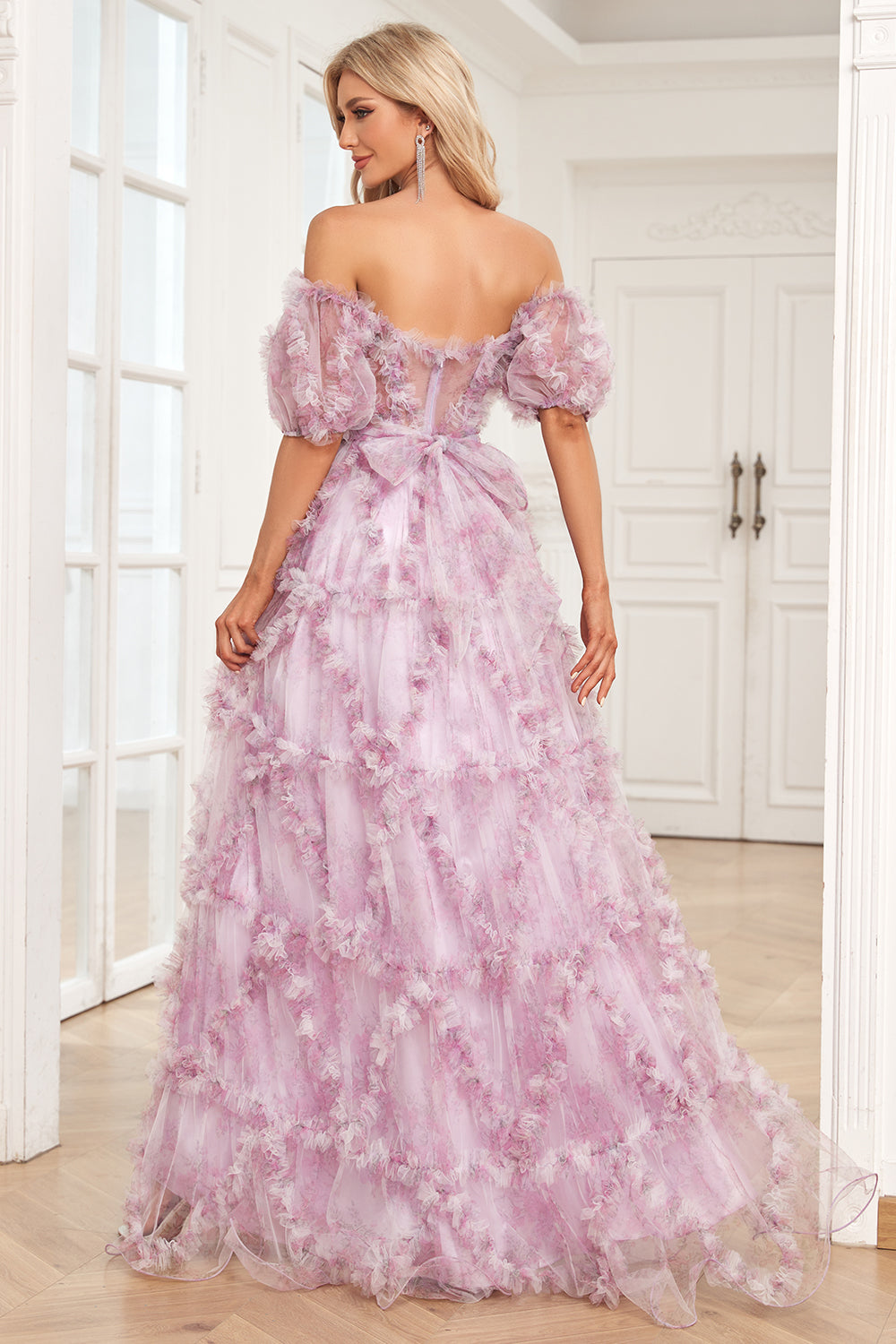 Charming A Line Off the Shoulder Purple Long Formal Dress with Printing