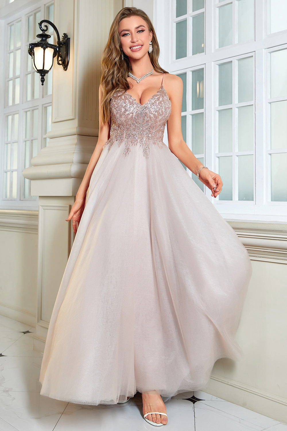Glitter Blush A-Line Tulle Long Formal Dress with Lace