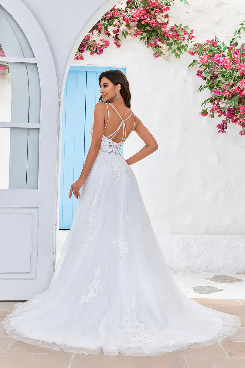 Ivory Criss Cross Straps Back A Line Tulle Wedding Dress